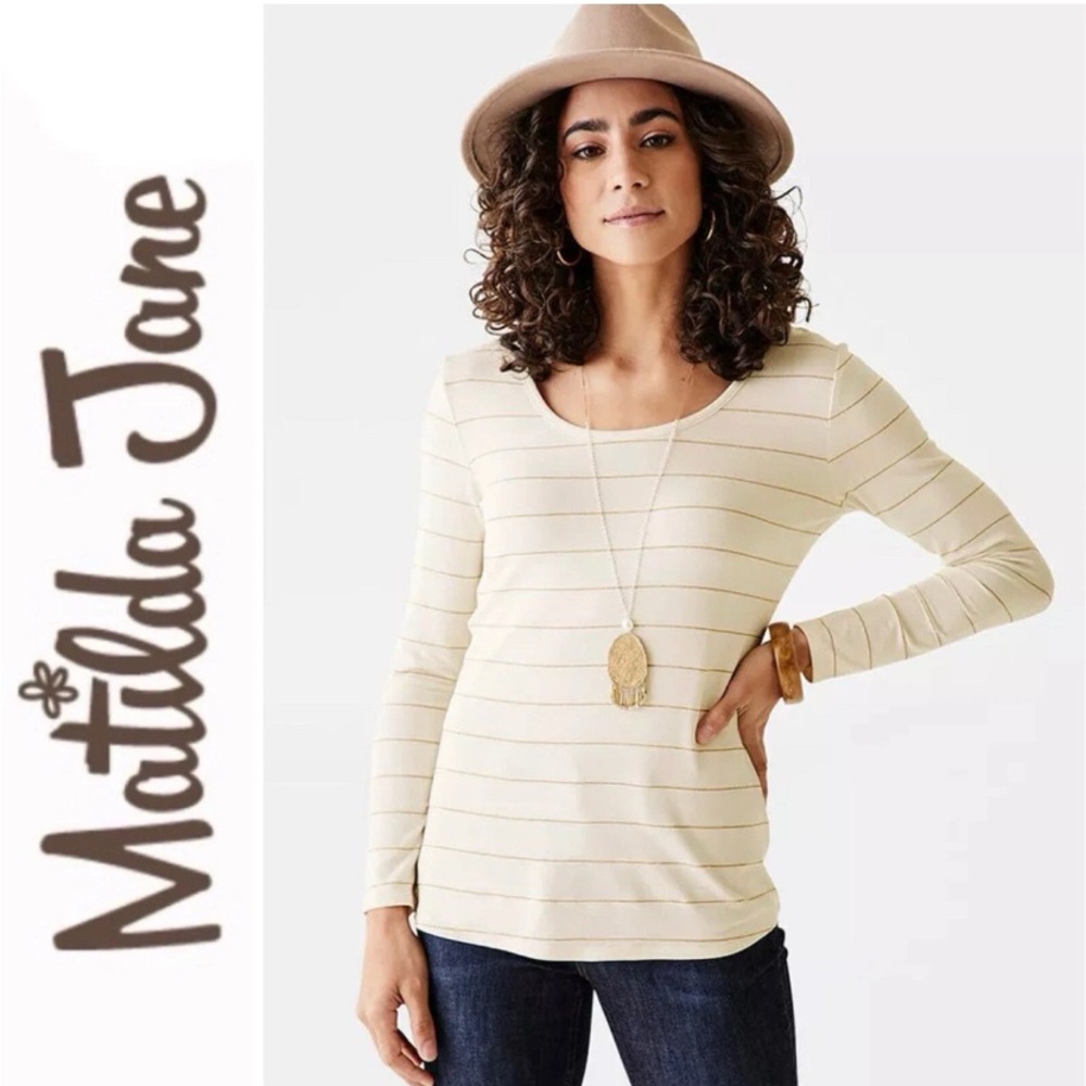 MATILDA JANE Women's Long Sleeve Striped Tee S Ivory White Blouse Top Casual